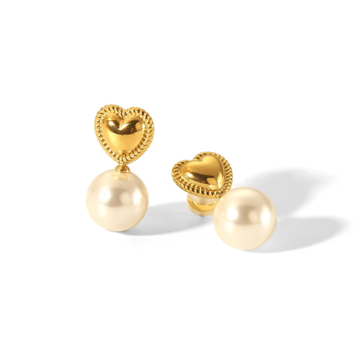 

Delicate Metal Stainless Steel Heart Stud Earrings Set With Natural Pearl Pendant Waterproof Trend Valentine's Day Gift