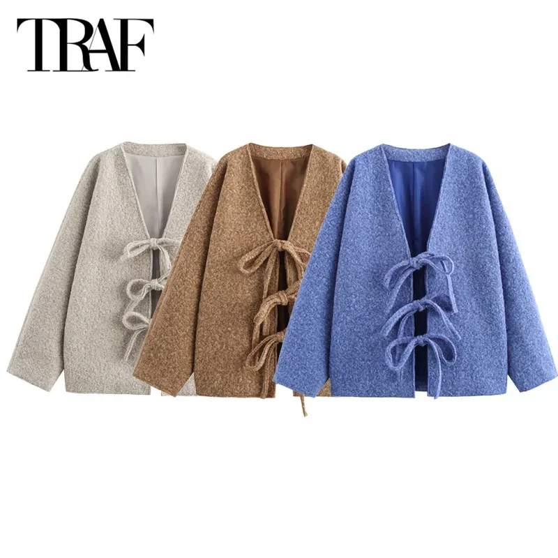 

TRAF 2024 Women's Wool&Blends Coat Warm Winter Large Size Jacket Elegant Casual Butterfly Lace-Up Long Sleeve New In Outerwears