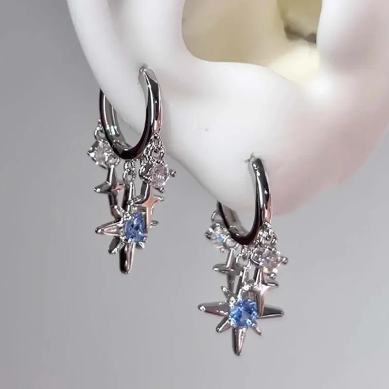 Pendientes con colgante de estrella de ocho puntas de circonita azul Y2K para mujer, hebilla de oreja con borla de estrella de Color plateado, regalo de joyería de diseño minimalista