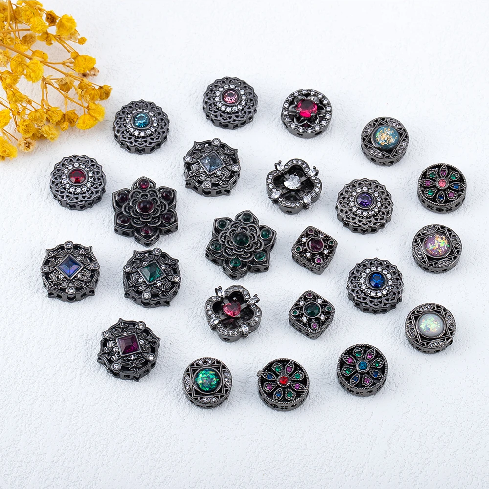 1pc Black Metal Round Spacer Bead Copper Bracelet Square Flower Crystal Beads Necklace Supplies National Jewelry Making Material