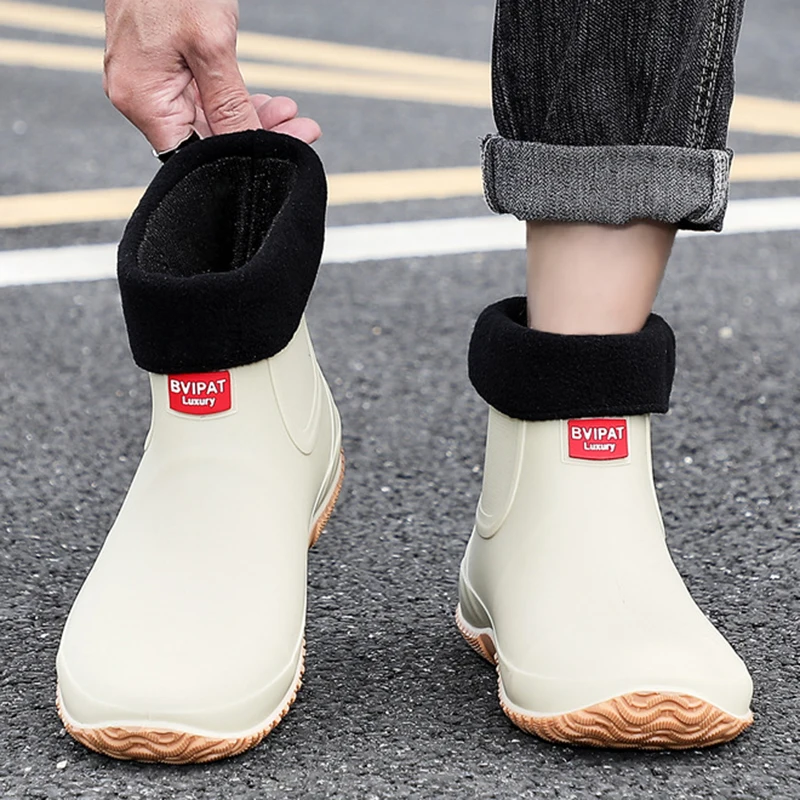 Anti-slip Cotton Rain Boots Men's Short-tube Waterproof Shoes Outdoor Car Washing Fishing Boots Winter Warm Couple Rain Boots