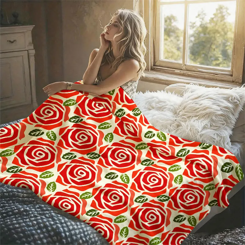 Red Rose Seamless Pattern Flannel Blanket Warm Soft Halloween Christmas Decorative Couch Warm Cozy All-Season Gift