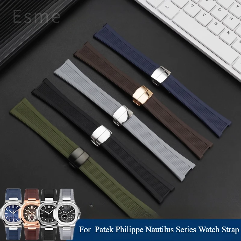 For Patek Philippe Nautilus Silicone Watch Strap 5711 5712 5726 5980 Solid Steel Folding Buckle Concave Interface Men 25x13mm