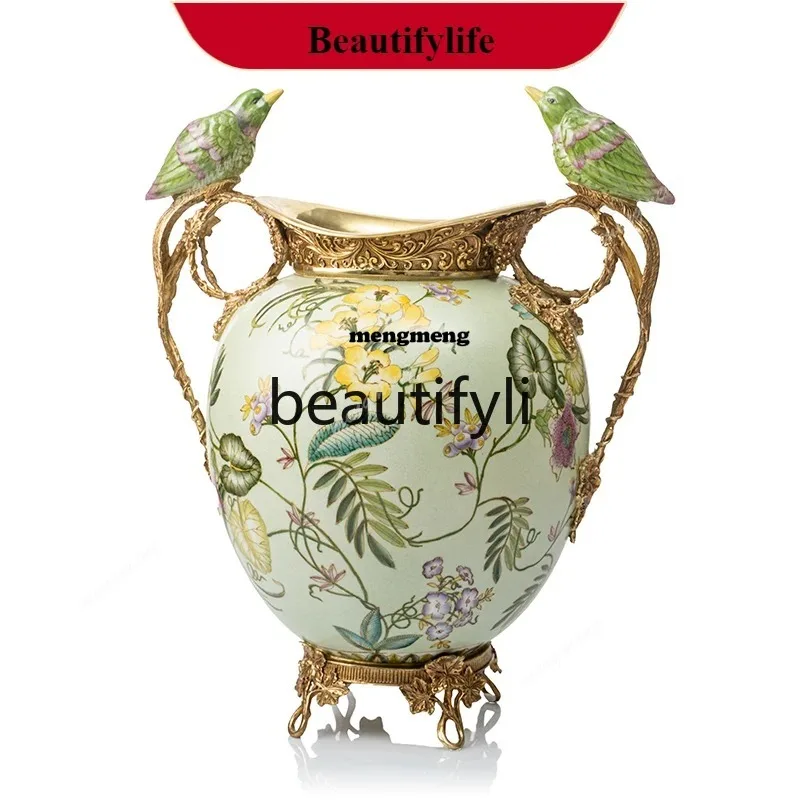 Modern Simple Pastoral Peacock Bird White Ice Crack Ceramic Flower Vase Decorative Ornament  N