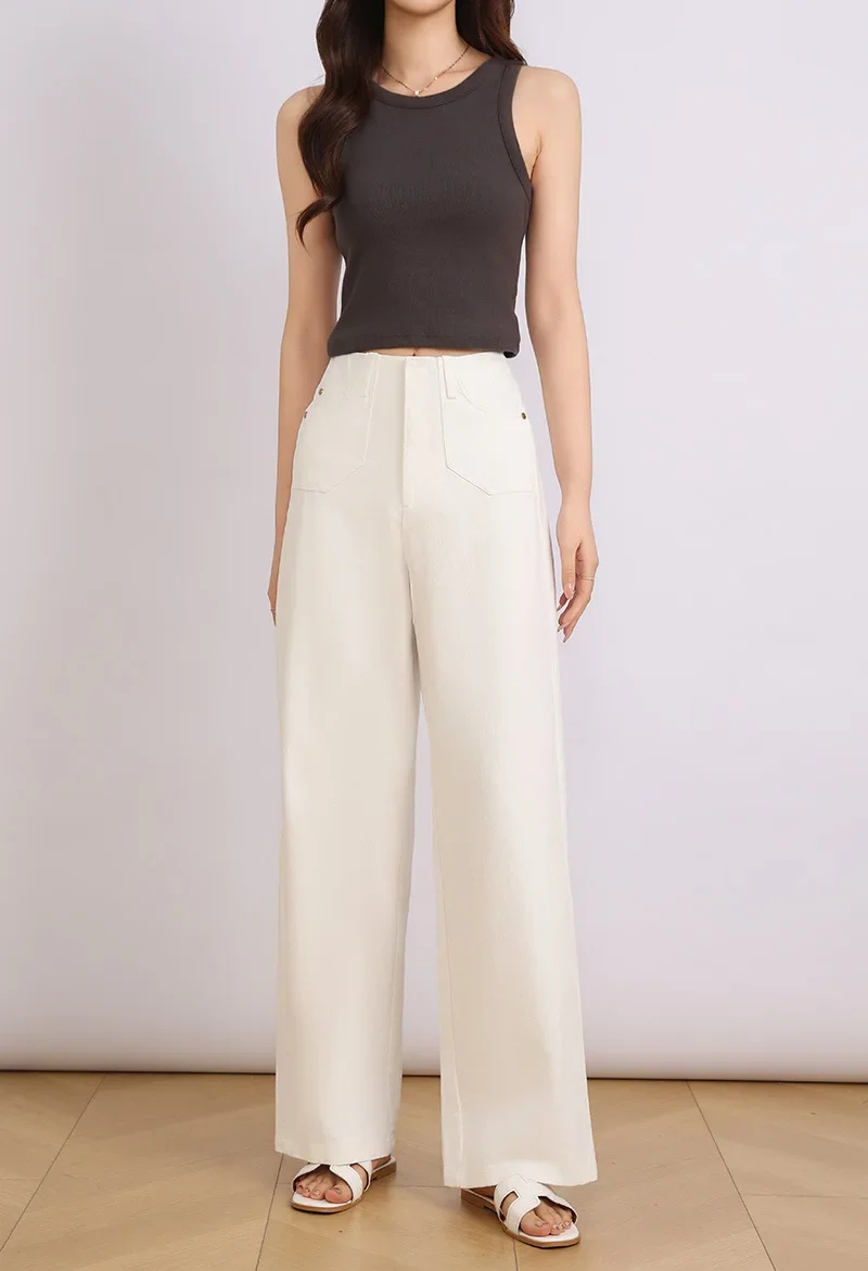 

Jeans Wide Leg Pants Women Basics Denims Washed High Waist Distressed Pockets Female Vintage Straight Trousers Streetwear