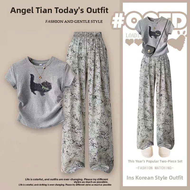 

Floral Wide Leg Pants Two Piece Set Spicy Girl Shoulder Length T Shirt Slimming Women's Fashion Summer Outfit Student Uniform