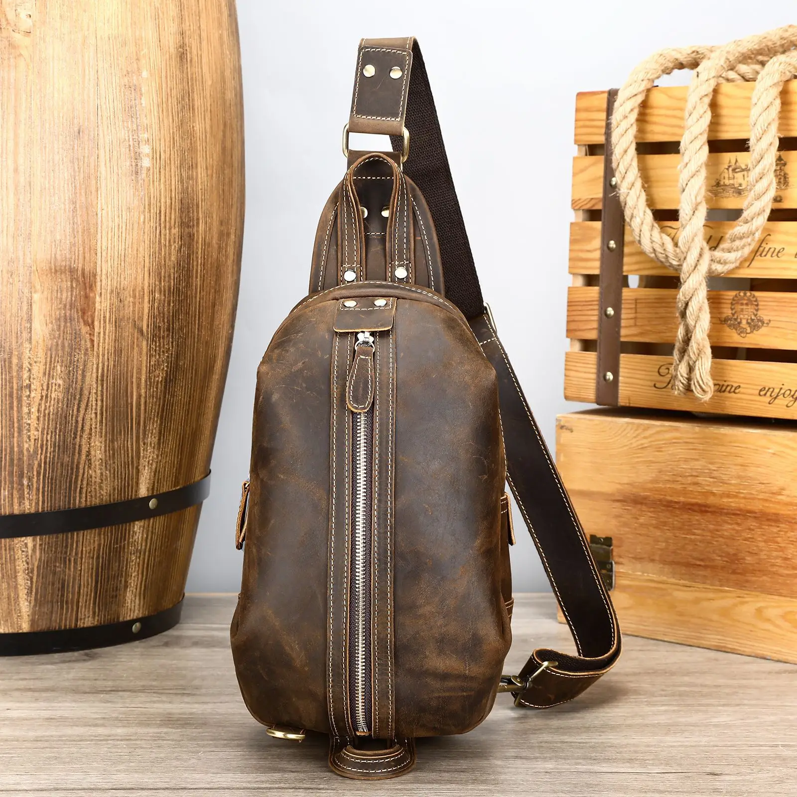 Vintage Genuine Leather Chest Bag for Men, Fashionable High-Capacity Crossbody Shoulder Bag