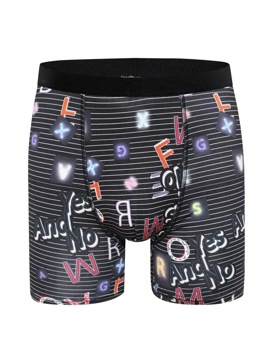 Mens Letter Print Boxer Briefs With Striped Background
