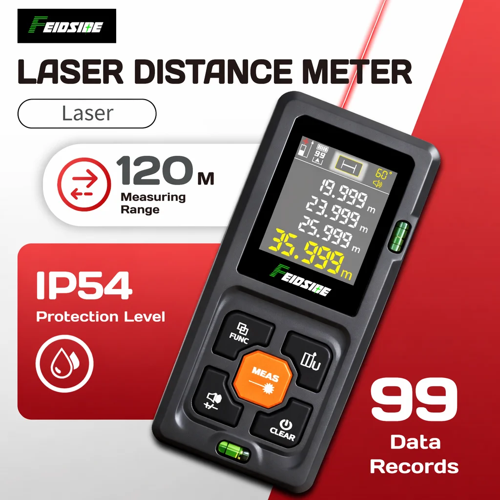 FEIDSIDE Laser-Entfernungsmesser 120M Typ-C Wiederaufladbarer Entfernungsmesser für Flächen- und Volumenmessungen im Bauwesen, Heimrenovierung und DIY-Messungen