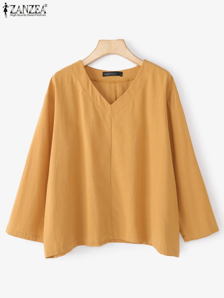 2025 ZANZEA Women Cotton Blouses Autumn Shirts Casual V Neck Long Sleeve Solid Tops Female Elegant Work OL Blusas Loose Chemise