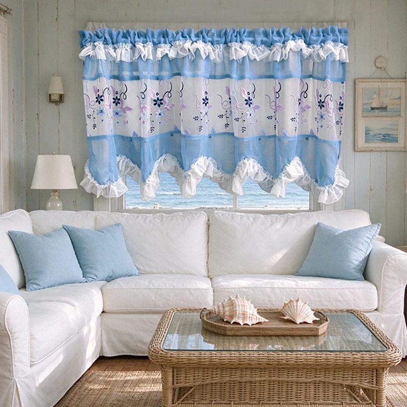 1pc Healing Blue Pearl Voile Floral Embroidered Cafe Curtain, Spliced Blue Pearl Mesh Sheer, White Ruffle Scalloped Short Drape