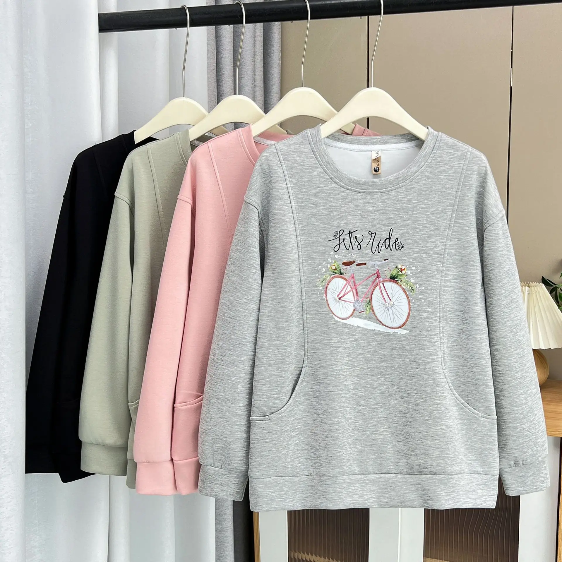 Size XL XXL Women's Sweatshirt Fall New Loose Print Nail Beading Real Pocket Casual Hoodie 877