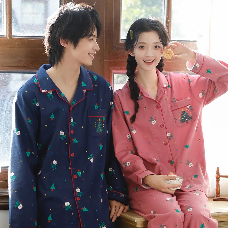 

Couple's sleepwear for autumn and winter, high-end men's casual suit, pure cotton brushed loose fitting women's home clothes