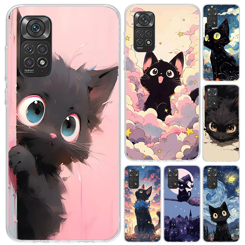 Anime Cute Black Cat Meow Phone Case for Xiaomi Redmi Note 13 12S 12 11S 11 11T 11E 10S 9 Pro Plus 8 8T 9T 7 Soft Funda Print Sh