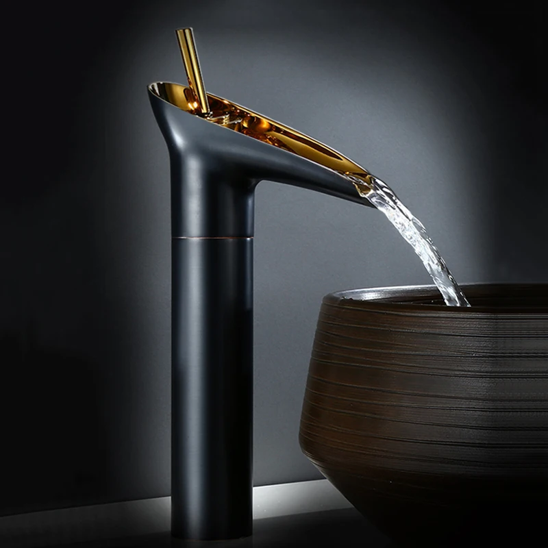 Black Gold Bathroom Waterfall Faucet Basin Faucets Hot And Cold Antique Bronze Bathroom Sink Faucet Gold Faucet Mixer Water Taps