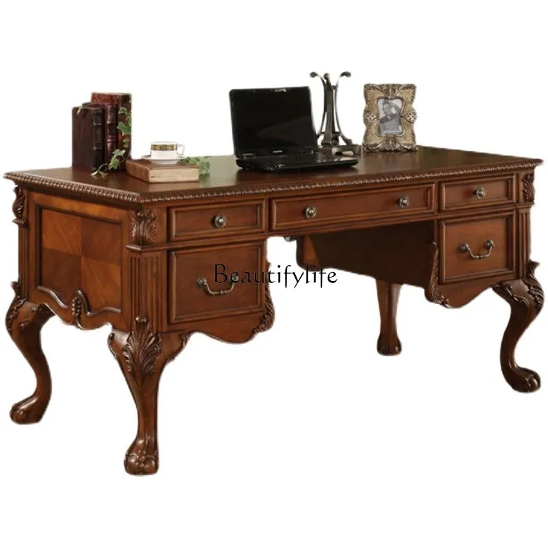 American-Style Solid Wood Office Carved Desk European-Style Home Writing Desk Antique Study Table