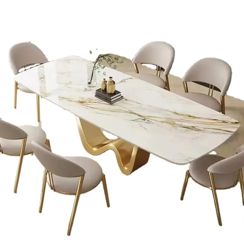 

Rectangular dining table with marble-topped stainless steel frame chairs, suitable for home or dining room use