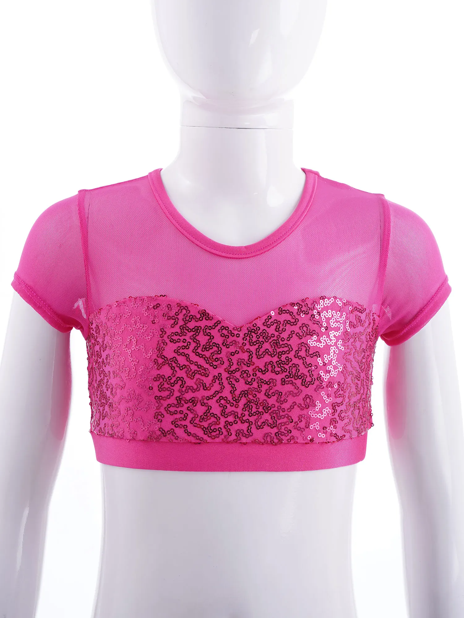 Kids Girls Dance Crop Top Mesh Short Sleeve Shiny Sequins Ballet Tops For Jazz Dancing Stage Performance Gymnastics Costume