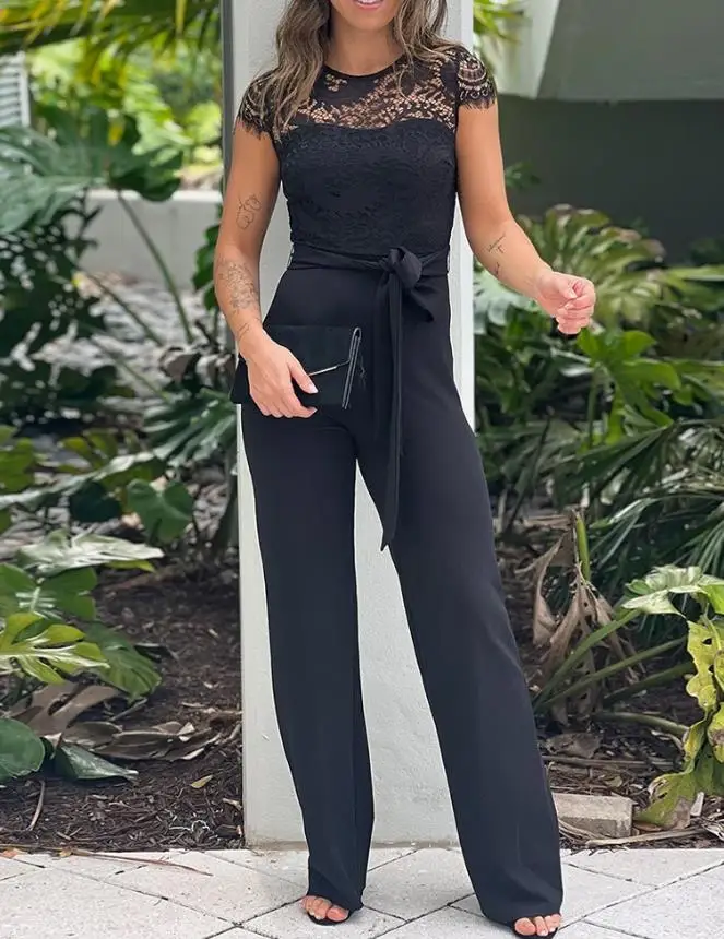 2025 Jumpsuit Women Fashion Spring/summer Latest Hot Contrast Lace Round Neck Waist Tied Detail Jumpsuit Casual Slim Fit Romper