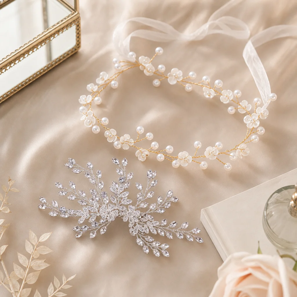 2pcs Floral Hair Accessories Set Golden Alloy Pearl Headband and Clip Elegant for Bridal Wedding Party Women's Jewelry