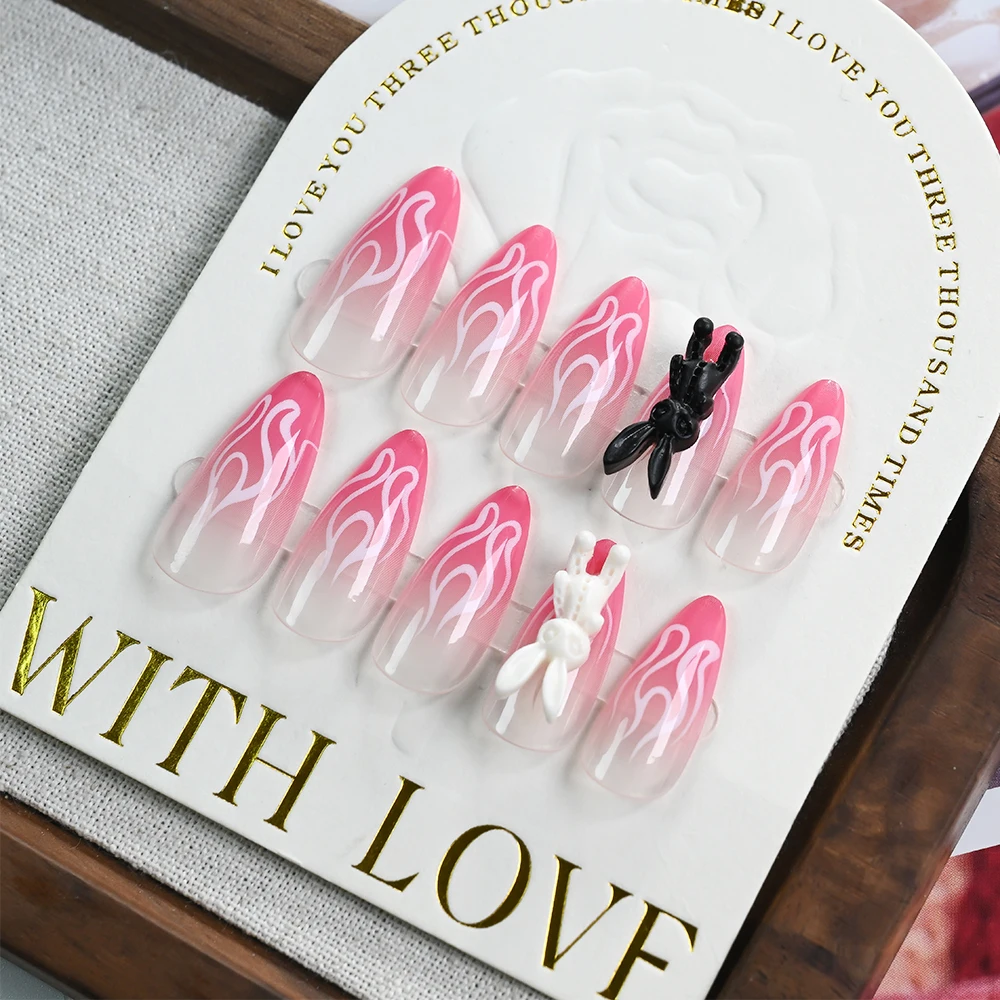 24개 그라데이션 핑크 아몬드 모양 3D 토끼 모양 라인스톤 장식 화이트 불꽃 프레스온 네일 심플 탈부착 가능 가짜 네일 팁