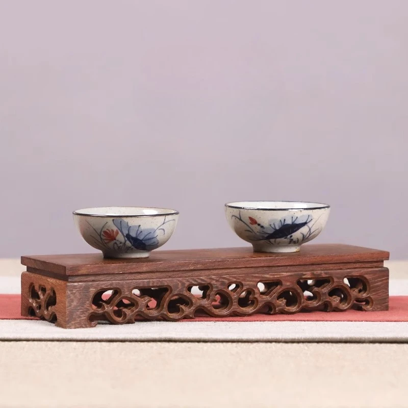 Chicken Wing Wood Rectangular Base Hollow Carved Desk Display Stand for Calligraphy Stone Jade Incense Holder Ornament