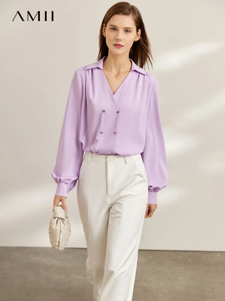 Amii Minimalism Casual Women's Shirts Autumn 2022 Elegant Chiffon Vneck Lantern Sleeves Blouse Sweet Office Lady Tops 12220101