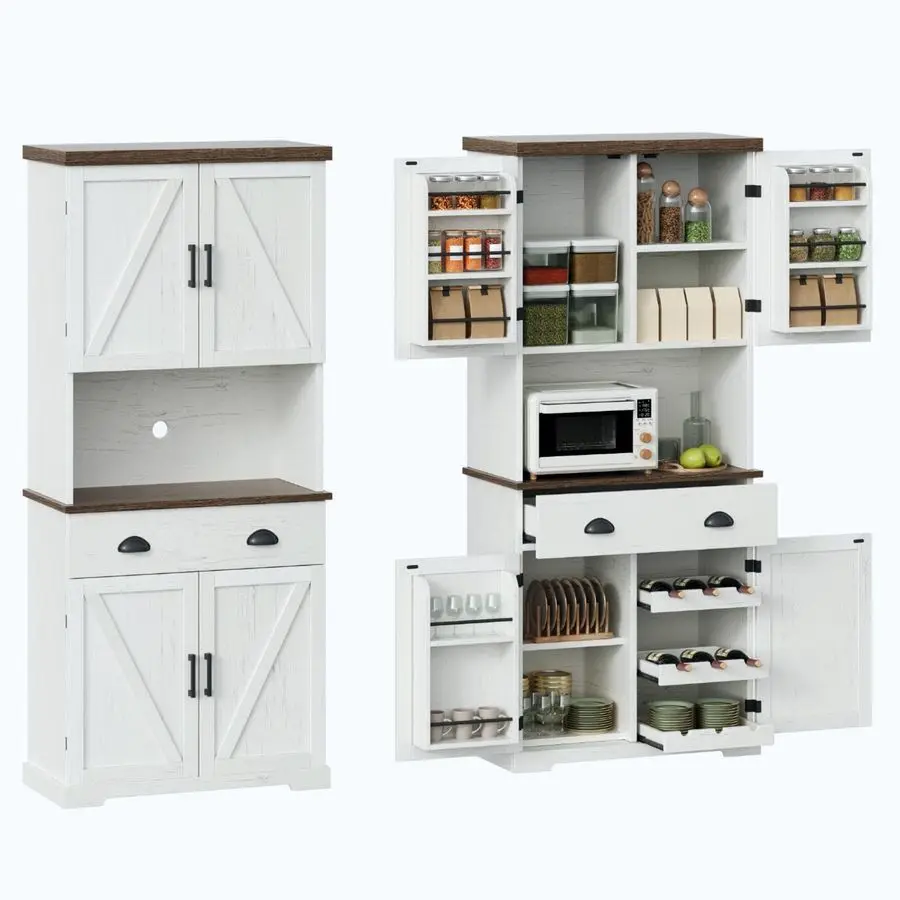 

72 Pantry Cabinet with Storage Drawers, Farmhouse Kitchen Hutch Bar Cabinet with Microwave Stand, Kitchen Cupboard with Door She