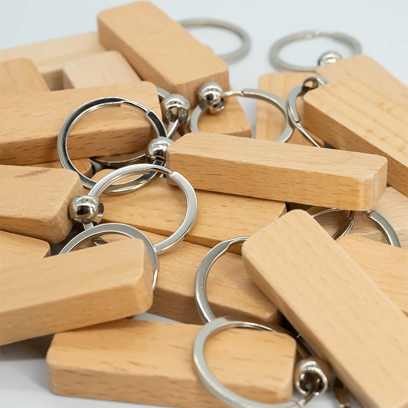 10-100Pcs Wood Keyfob Wooden Keychain Slender Rectangle Wooden Tag