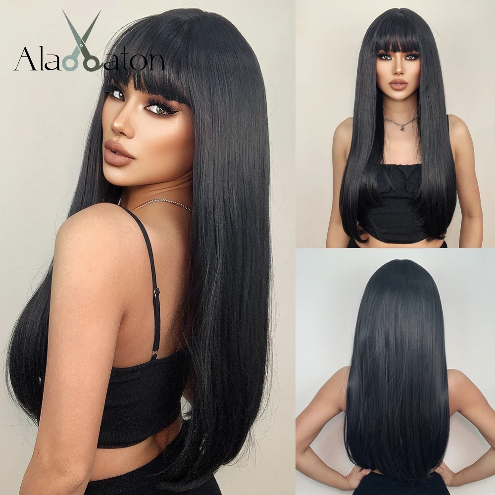 ALAN EATON Black Natural Synthetic Wigs for Women Long Straight Hair Wigs with Bangs Women's Gray/Red Cosplay Heat Resistant Wig