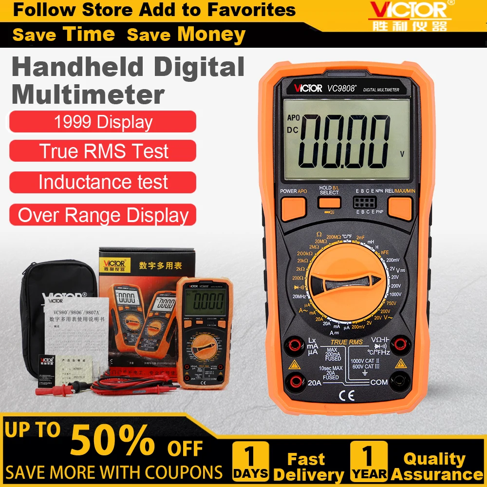 VICTOR VC9808+ digital Multimeter 2000uF capacimeter 10MHz Frequency temperature and inductance measuring with LCR tester