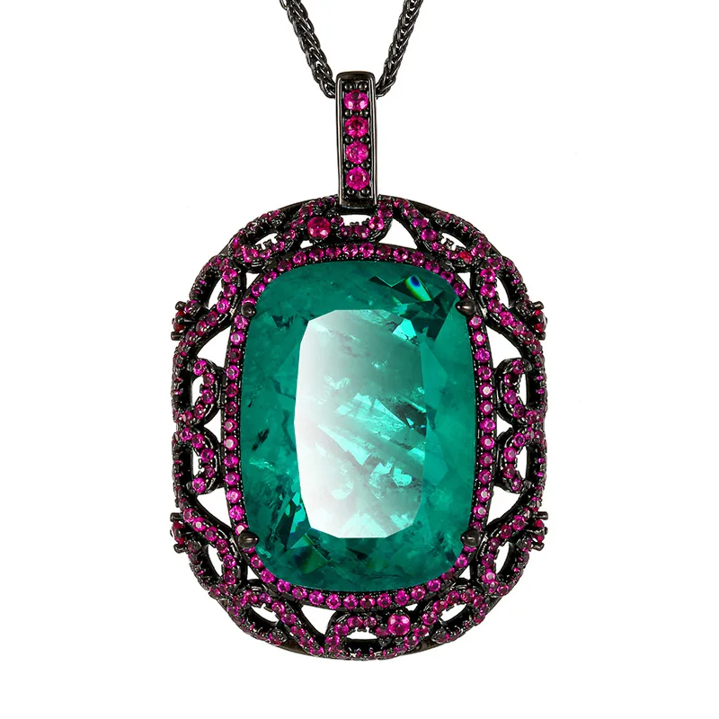 Vintage Large Oval Colorful Gemstone Pendant Necklace with Pink CZ Accents Luxury Statement Jewelry for Women’s Party Gift