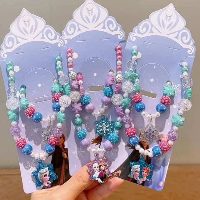 2024 Disney Frozen Elsa Princess Necklace Pearl Bracelet Set Anime Cartoon Children Cute Beaded Jewelry Christmas Birthday Gift