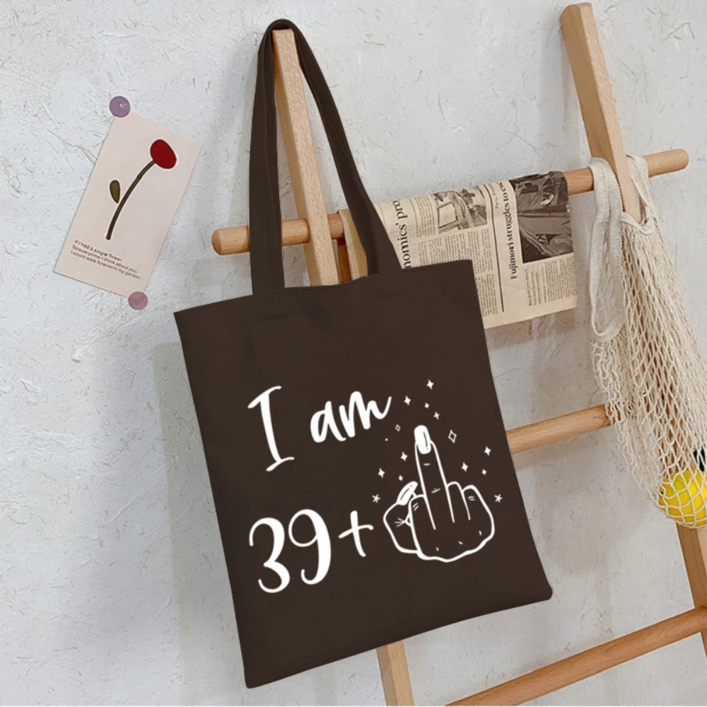Funny Birthday Canvas Tote Bag with I'm 19+ 29+ 39+ 49+ 59+ 69+ Print, Age Print Reusable Shoulder Bag,Handbag for Birthday Gift