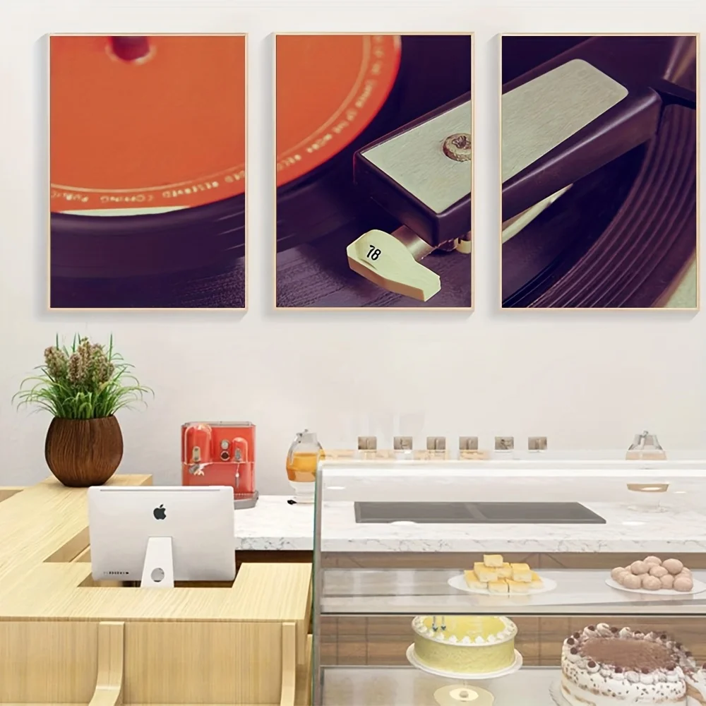 2D Flat 3pcs Unframed Wall Panel Canvas Picture Old Turntsble Close Up Picture Is Retro Filtered Selective Focus Modern Home