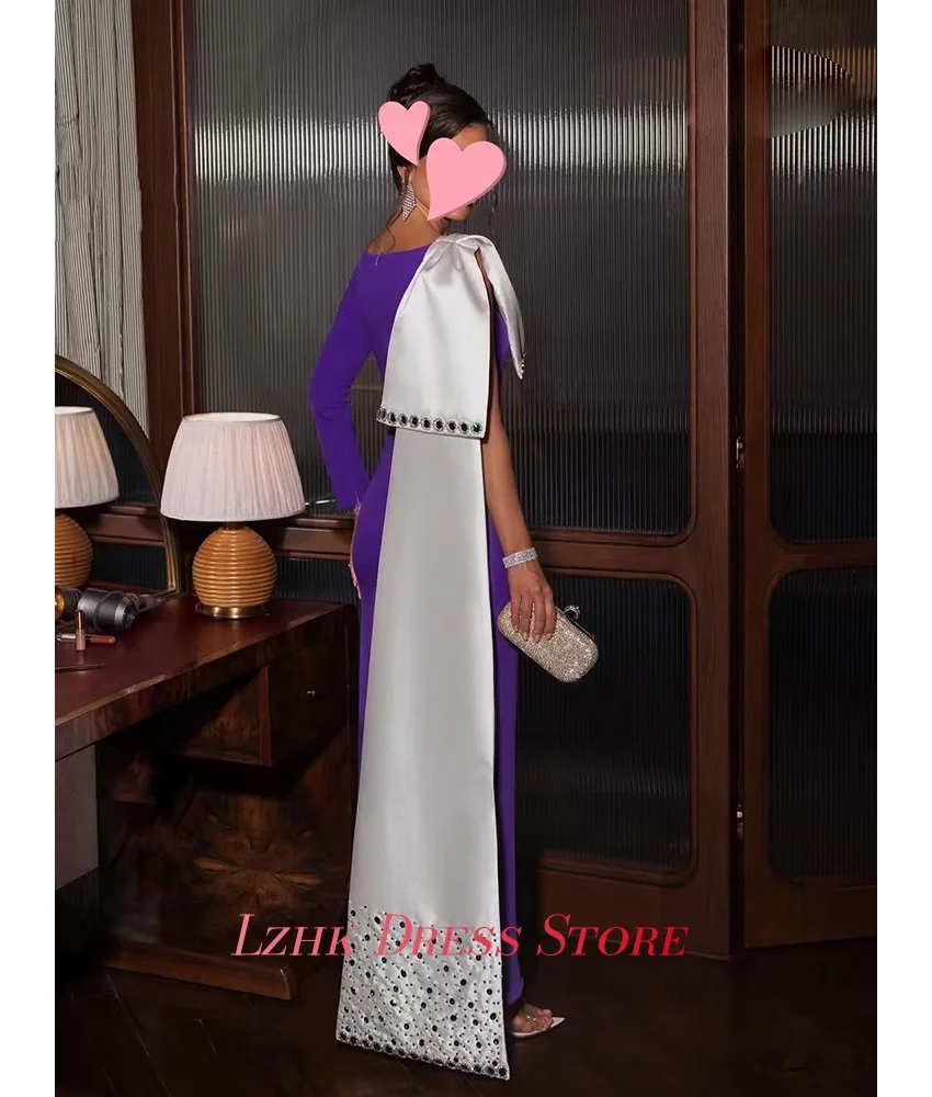 맞춤형 고급 크리스탈 장식 저지 스트레이트 3D 리본 이브닝 드레스 고품질 긴팔 O넥 바닥 길이 파티 가운