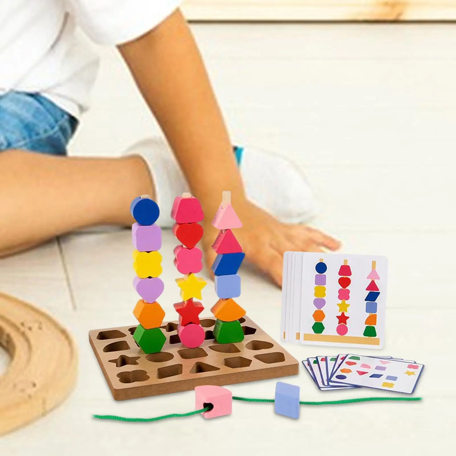 Wooden Beads Sequencing Toy Lacing Beads Matching Shape Colors Toys,Sensory Toys,Creative Beaded Toy for Children Toddlers