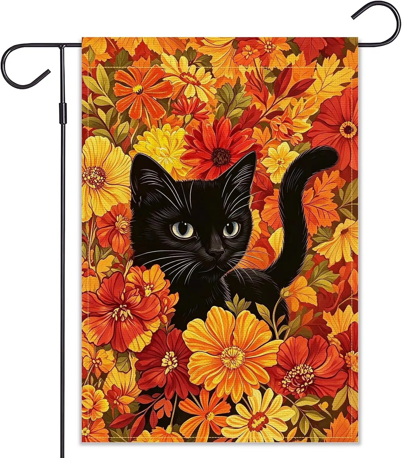 Black Cat Fall Garden Flag, Fall Floral Design, 12.5 x 18 Inch, 100% Burlap, Outdoor Yard Decoration (Black Cat, 18