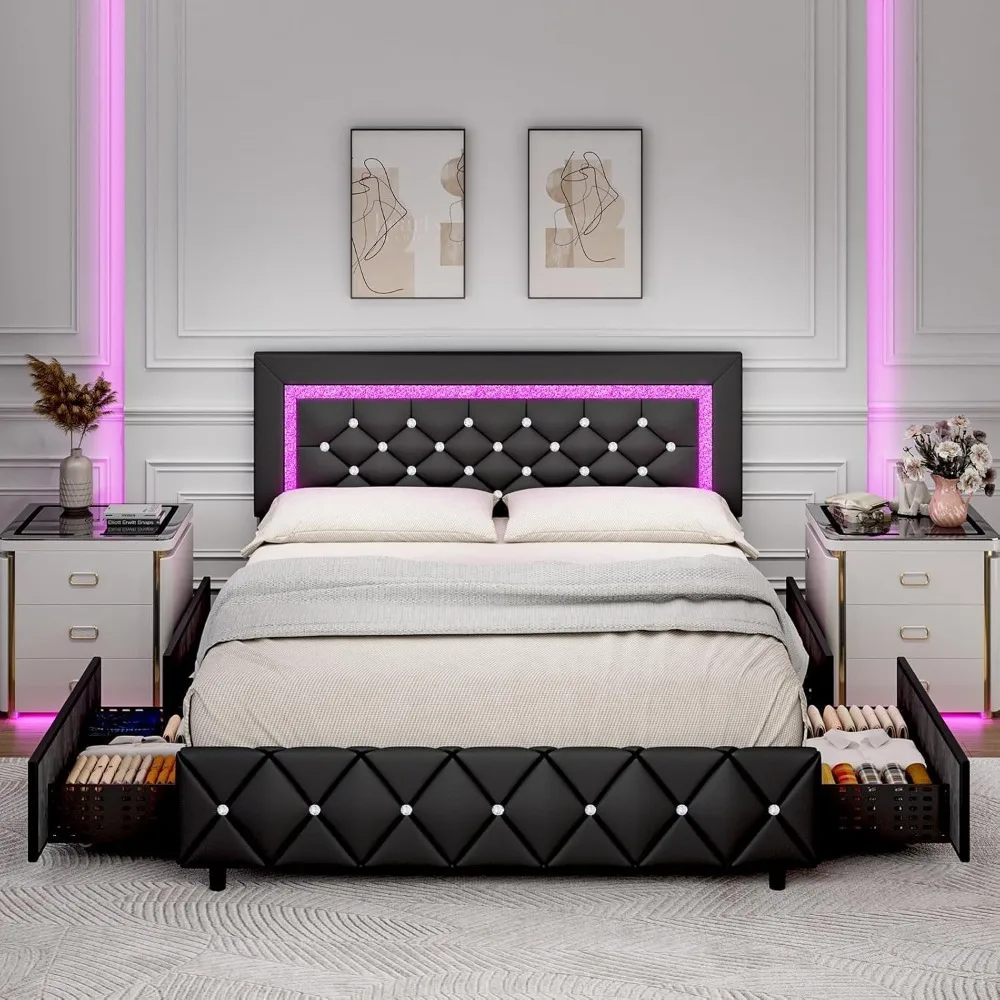 

Queen Bed Frame with LED Lights, Upholstered Bed Frame with Storage Drawers, Modern Platform Bed with Diamond Headboard and Foot