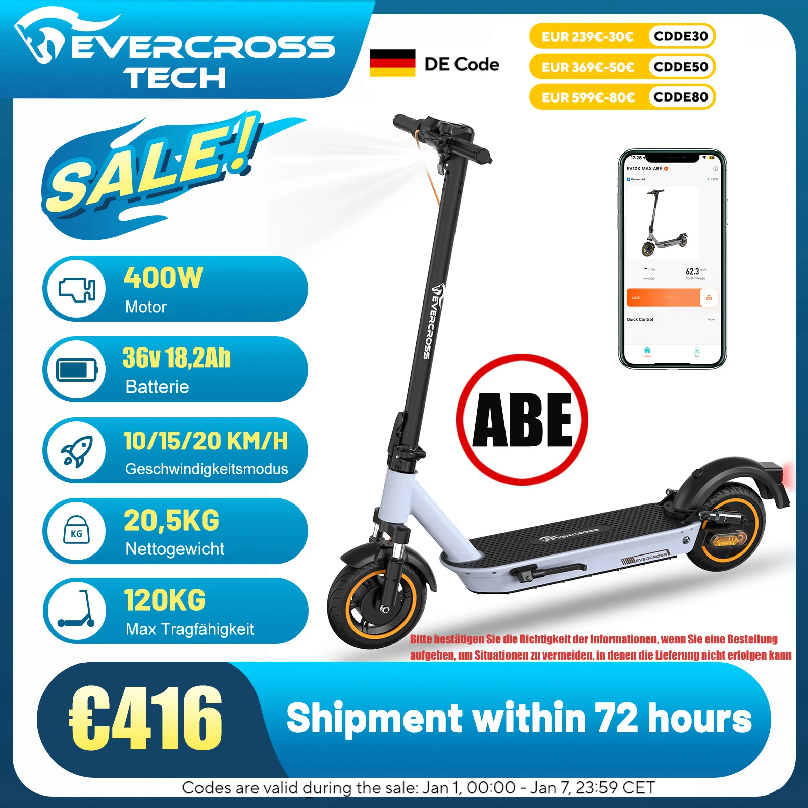 EVERCROSS TECH EV10K MAX abektroroller Faltbar met App LED Display, 400W Motor, 55 km Reichweite, shock absorber Duale