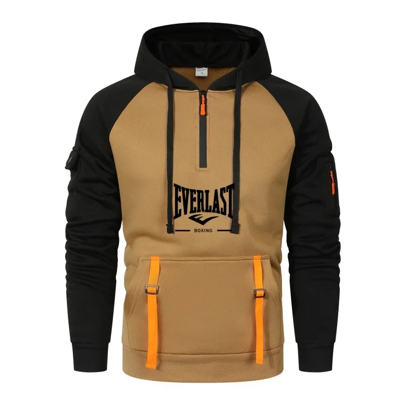 Nueva sudadera con capucha informal de otoño e invierno para hombre, ropa deportiva cálida y resistente al viento de tela de retales para correr a la moda para exteriores