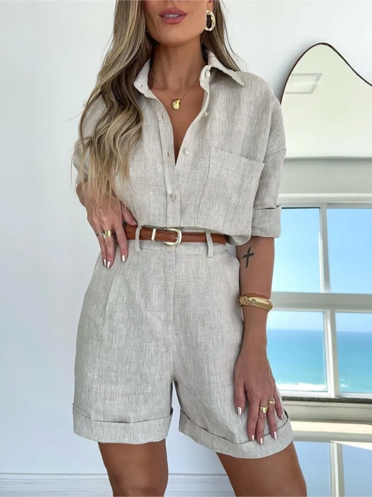 Casual Loose Short Sets Women Summer 2024 Fashion Long Sleeve Shirts Tops Belt Shorts 2 Piece Sets Simple Style Two Piece Suits