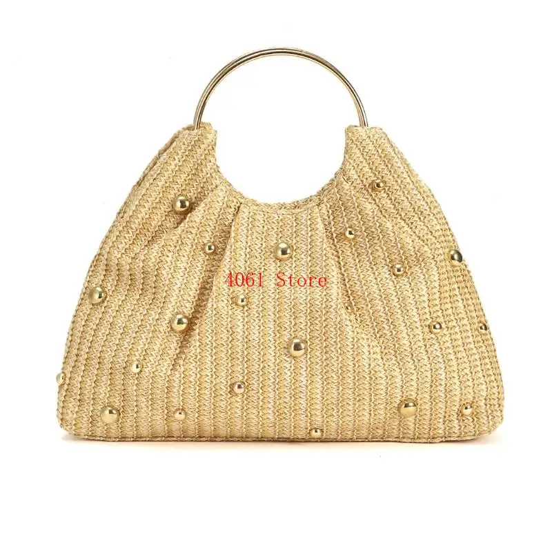 

Элегантная украшенная бисером соломенная сумка с круглой ручкой для женской сплетенной сумки