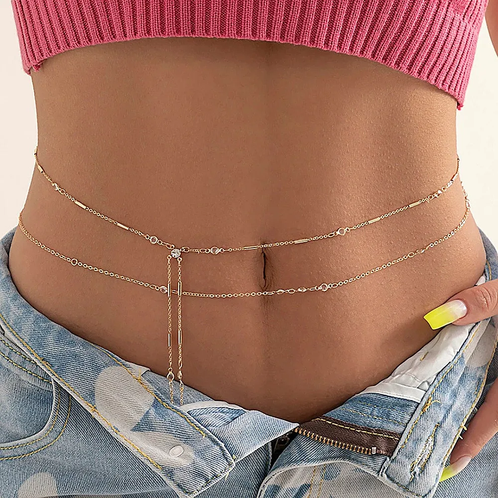 Hip Hop Mode Metall Doppelschicht Kette Sexy Hosen Kette Körper Kette Nachahmung Kristall Mode Sexy Einstellbare Taille Kette