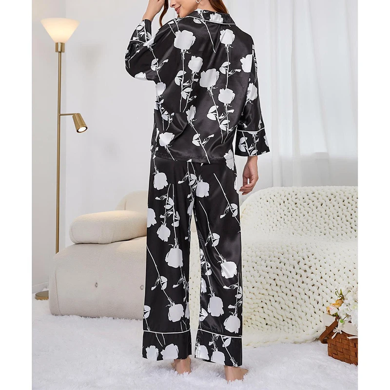 Silk Satin Floral Print Pajamas For Women\'s Autumn Lapel Nightwear Long Sleeve Cardigan Trousers Sets Home wear Suit Sleepwear