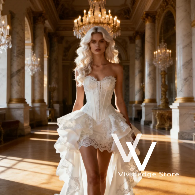 カスタマイズされたミッドセンチュリービクトリア朝風ストラップレスコルセットウェディングドレス、ショートレースフリル、トレーン付き、ヴィンテージブライダルドレス