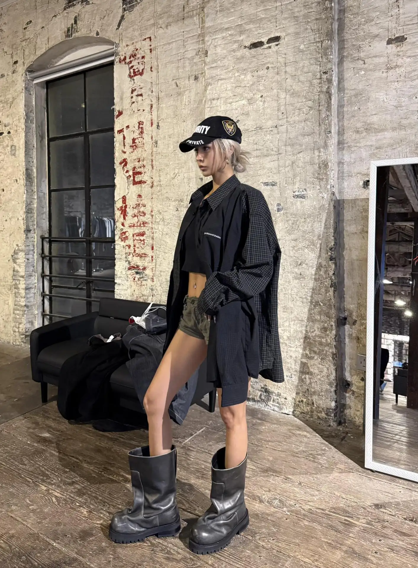 Grailz PROJECT G/R Two-piece Embroidered Small Letters Patchwork Four-Sleeve Loose Check Collar Shirt Protocol Index