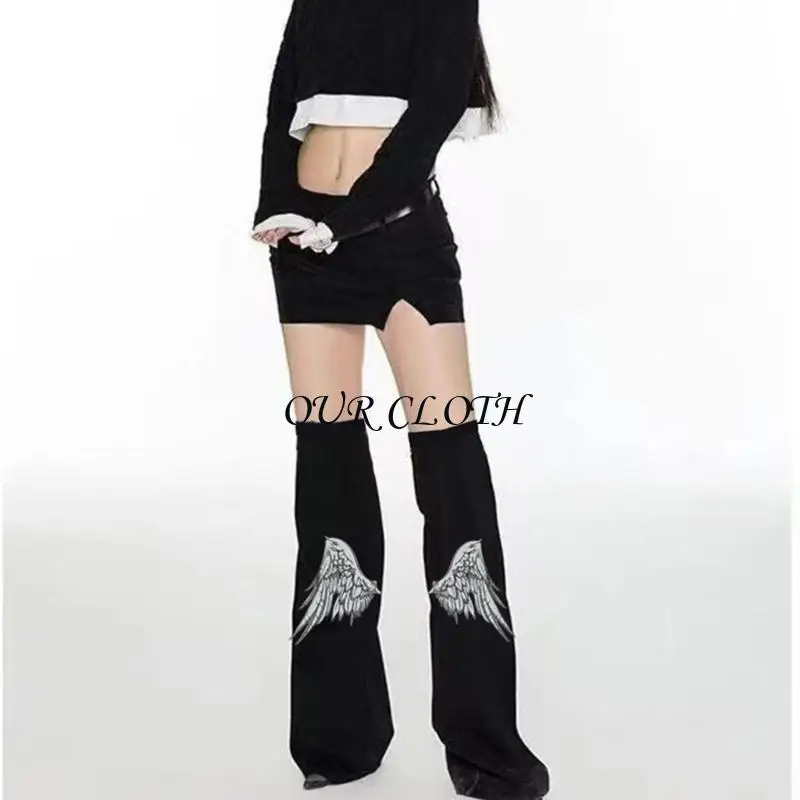 Women Punk Angel Wing Print Flared Long Leg Sleeves Socks Overknee Black Denims Leg Warmers Harajuku Boot Covers Y1AC