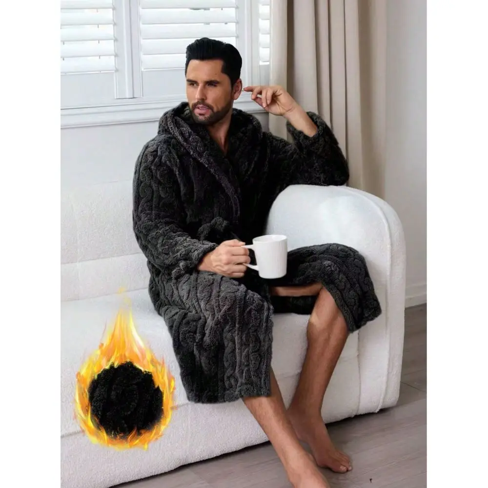 

Plush Cable Jacquard Hooded Bathrobe Mens Couples Style For Autumn Winter Elegant Fashionable Home Leisure Wear