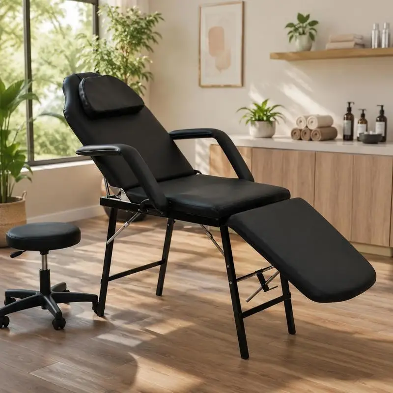 Fauteuil de soin esthétique noir en similicuir, confortable et ergonomique, avec rembourrage relaxant, entretien manuel, pour soins cosmétiques et soulagement des douleurs dorsales